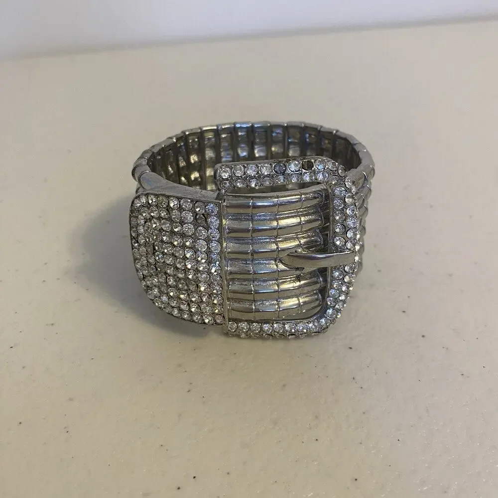 VTG Chunky Costume Silver Tone Rhinestone Stretch Bracelet Rockstars Steampunk